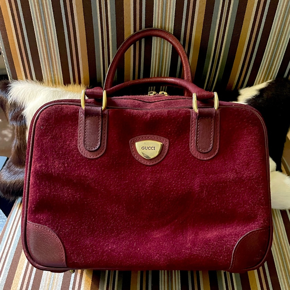 GUCCI vintage satchel luggage piece Red peccary suede leather EUC.